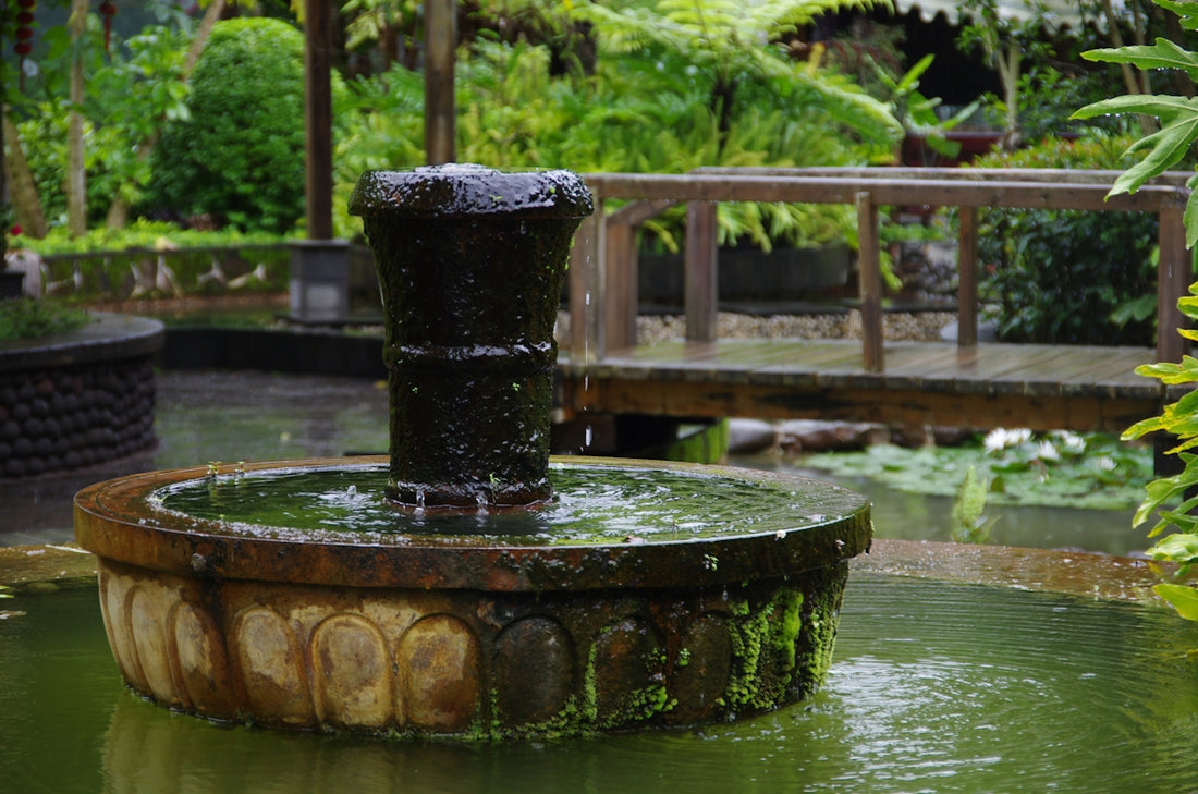 a water fountain with a wooden bridge in the background