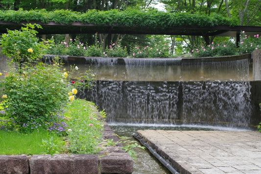 A water fall in a garden with flowers and greenery