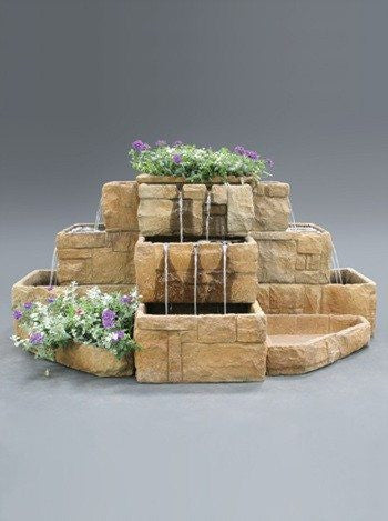 Stone Courtyard Cascade Outdoor Fountain with water flowing