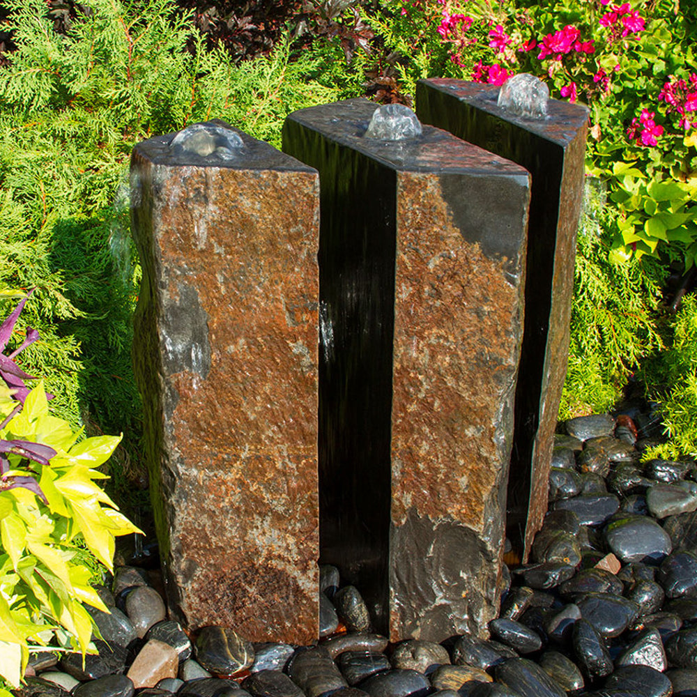 36 inch Triple Split Polished Basalt Stone Outdoor Fountain 3 Piece