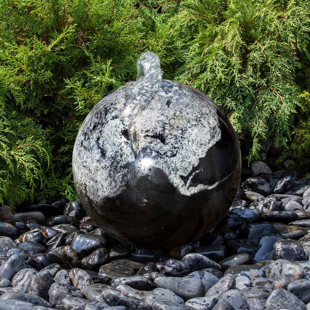 Black Flower Granite Stone Sphere Garden Fountain