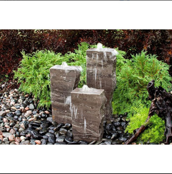 Blue Limestone Triple Rock Fountain with 3 Smooth Sides for outdoor garden patio or yard