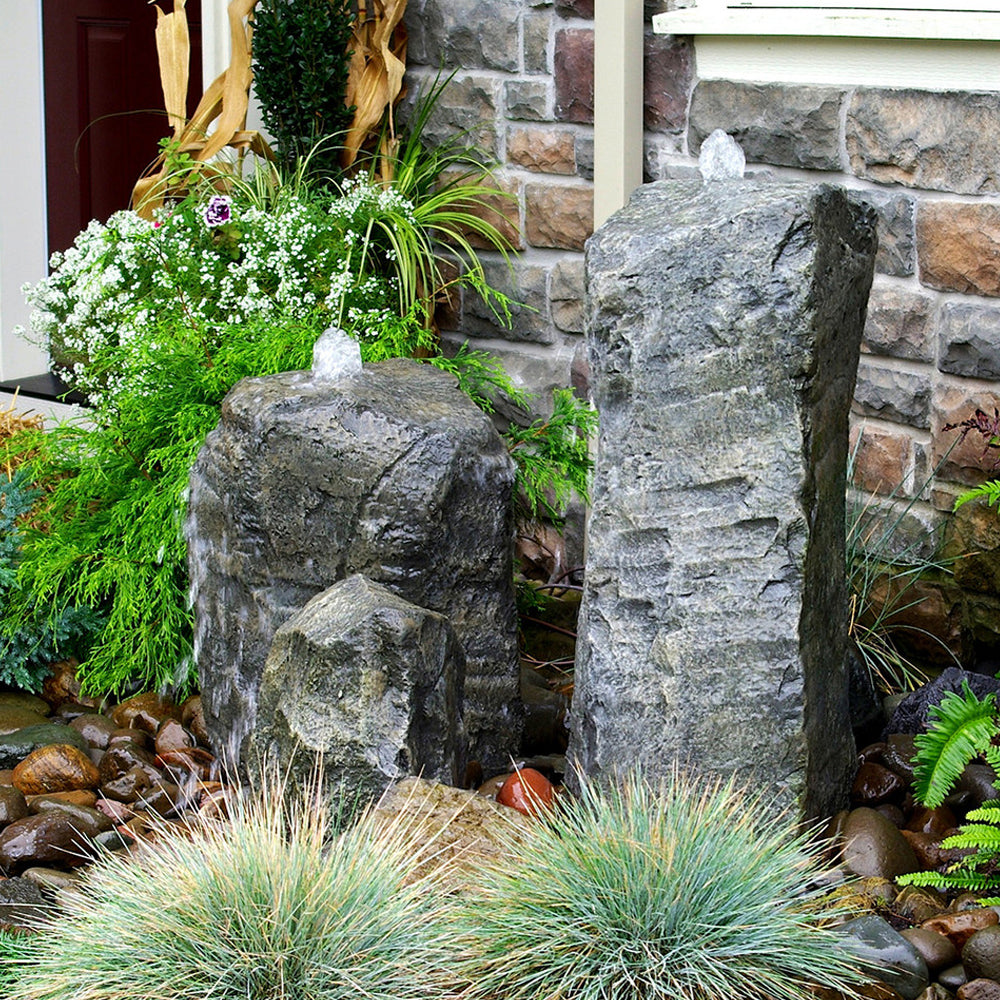 Double Cascade Stone Fountain with Accent Rock