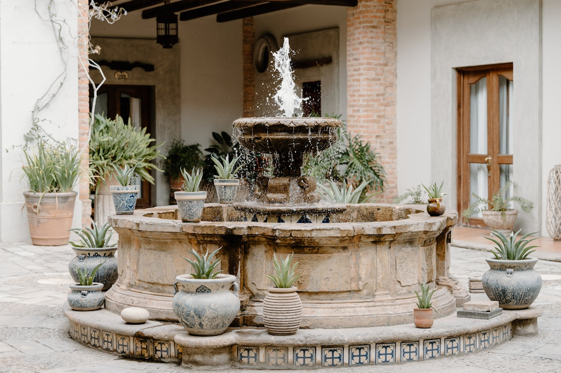 a fountain surrounded by potted plants in front of a building