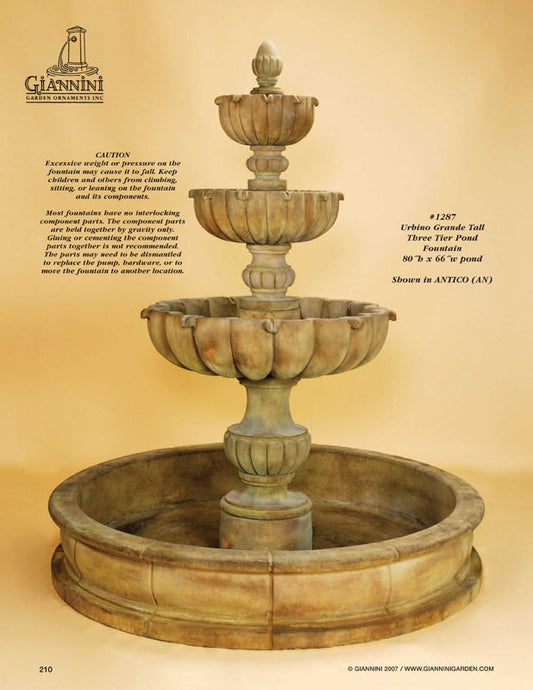 Urbino Grande Tall Three Tier Pond Fountain in a garden setting
