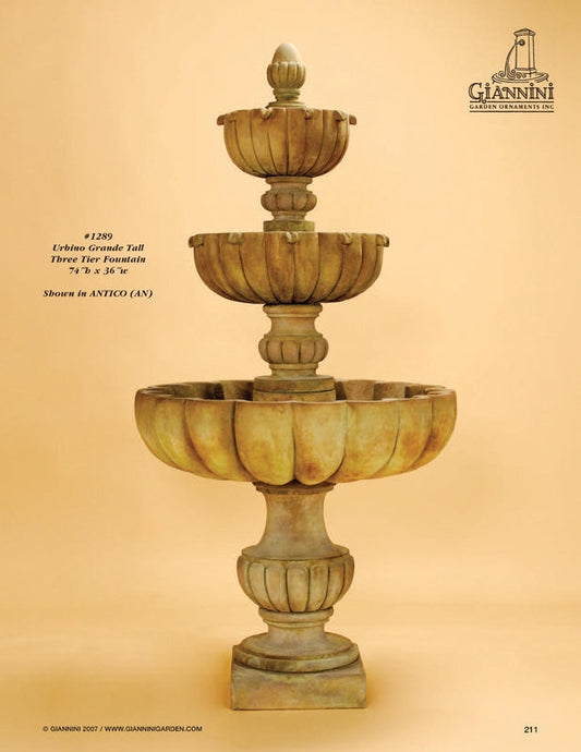 Urbino Grande Tall Three Tier Fountain in a garden setting