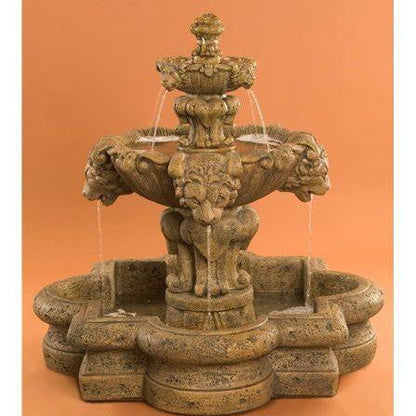 Small Courtyard Lion Tiered Garden Fountain in Quatrefoil Basin
