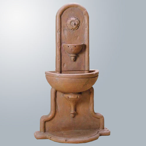Augustana Wall Outdoor Water Fountain with detailed carvings and weathered finish