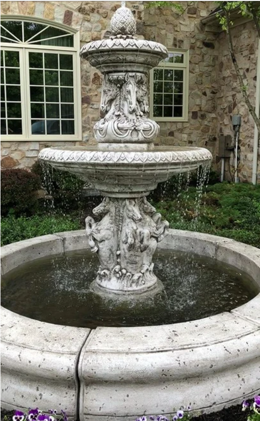 Cavalli Outdoor Fountain with Fiore Pond in a garden setting