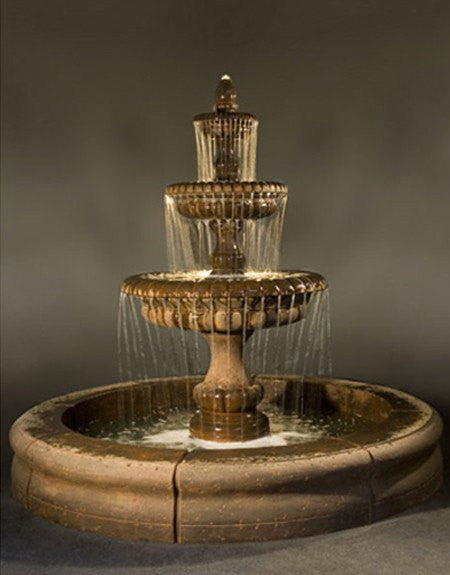 Pioggia Large Outdoor Fountain with Fiore Pond in a garden setting