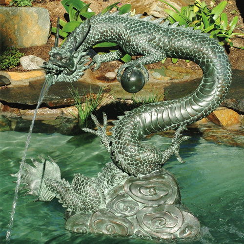 Brass Baron Large Water Dragon Garden Pool Accent statue