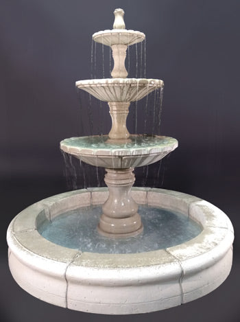 Monaco Three Tier Fountain with Fiore Pond in a garden setting
