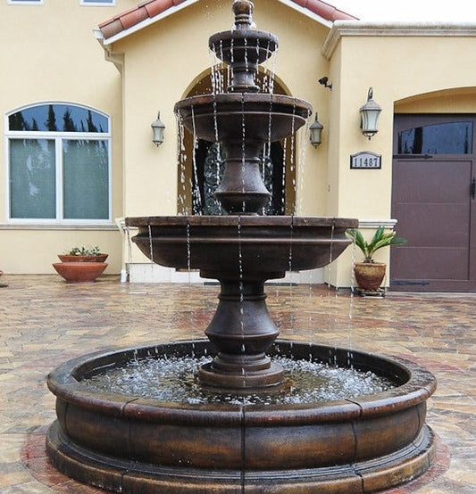 Montefalco Three Tier Pond Fountain in garden setting