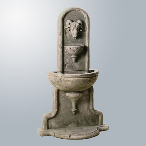 Ram Wall Outdoor Water Fountain with detailed ram head sculpture and flowing water