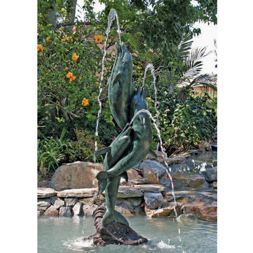 Brass Baron Tall Entwined Dolphins Garden Pool Accent Sculpture