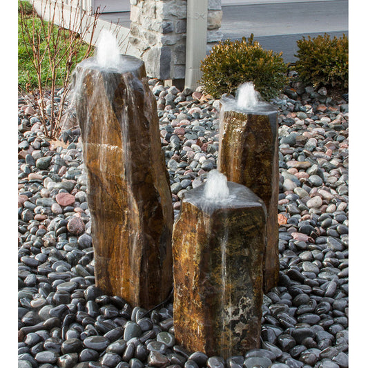 Triple Bowled Polished Top Basalt Column Outdoor Fountain