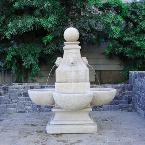 Venetian Lion Outdoor Water Fountain with detailed lion head and tiered basin design