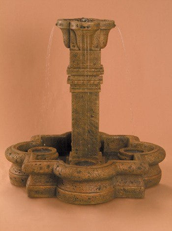 Small Plinth Column Garden Fountain in Quatrefoil Basin