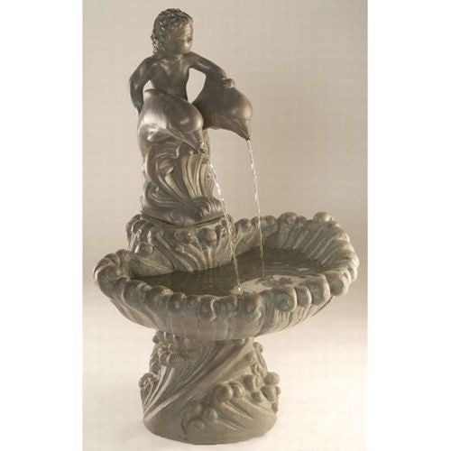 Boy on Dolphins Cast Stone Garden Fountain with water flowing